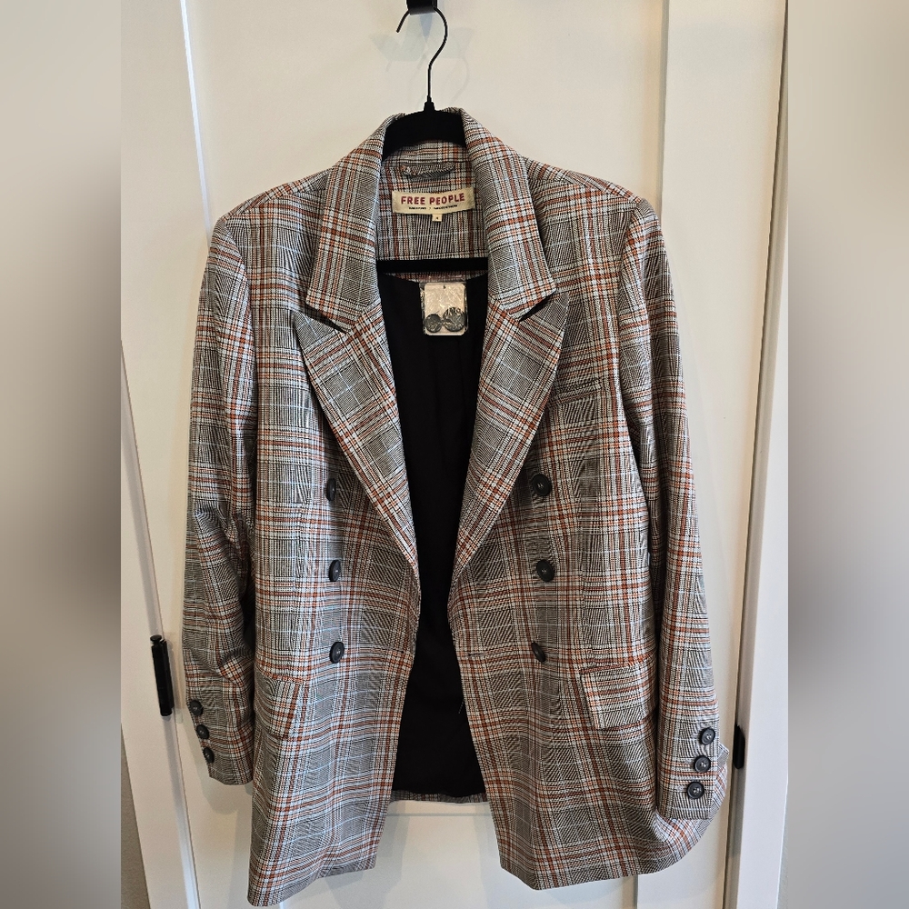 Free People Ashby Checkered Blazer in Black and Orange and Blue